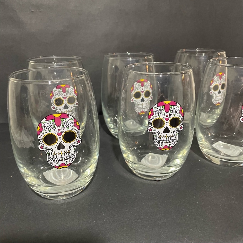 Cristar Day Of The Dead White Skull, Mikonos Stemless Glasses (Lot Of 6) NEW - Picture 3 of 8